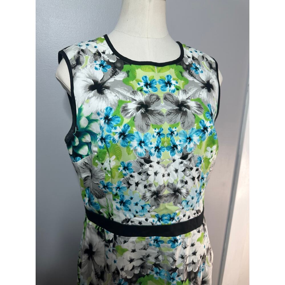 London Times Blue/Green Sleeveless Floral Kaleidoscope Sheath Dress Zip Back 12